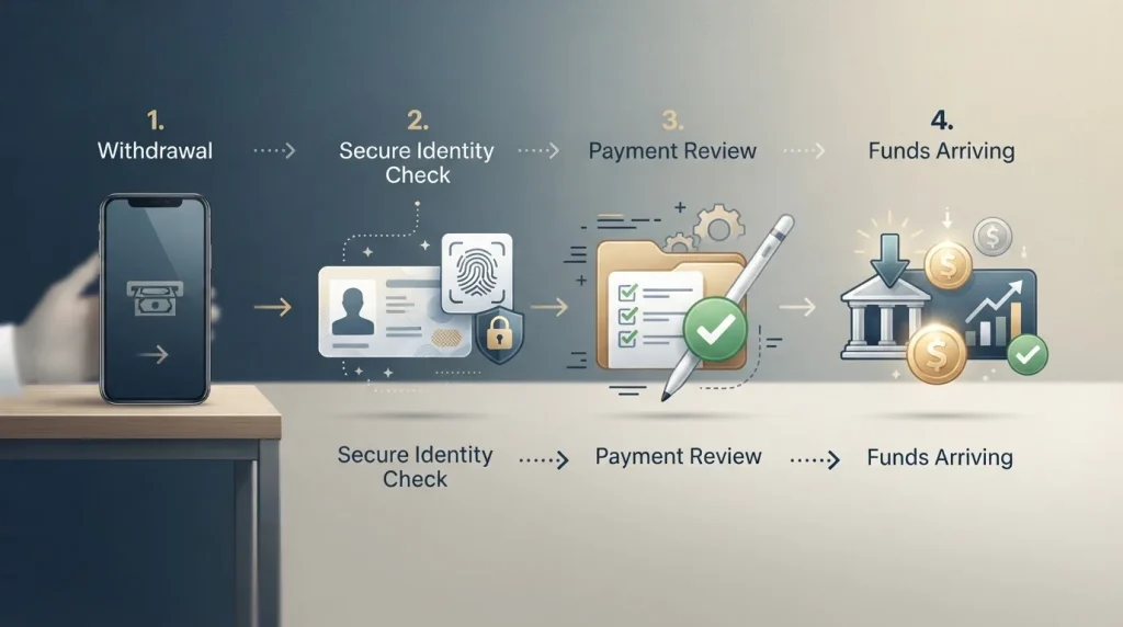 Cashout steps from withdrawal request through account checks to completed payment