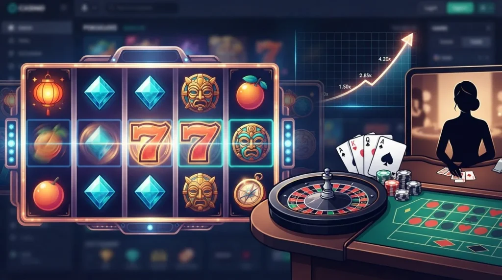 Casino game selection featuring pokie reels, playing cards, roulette and a live dealer table