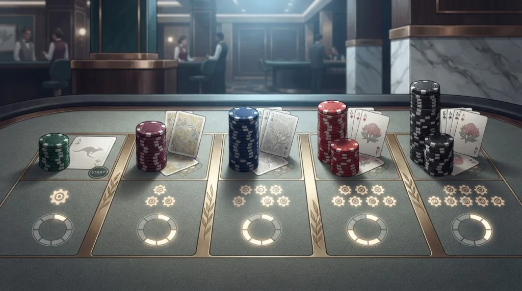 Five-stage casino welcome offer shown with Australian dollar symbols, bonus chips and free-spin icons