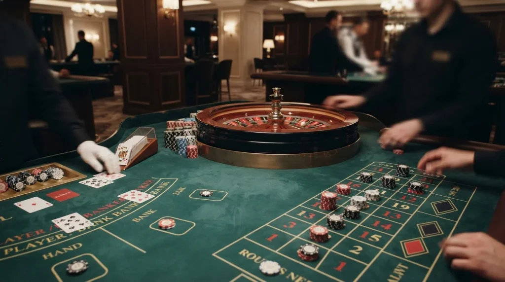 Live casino table with roulette wheel, playing cards and baccarat layout