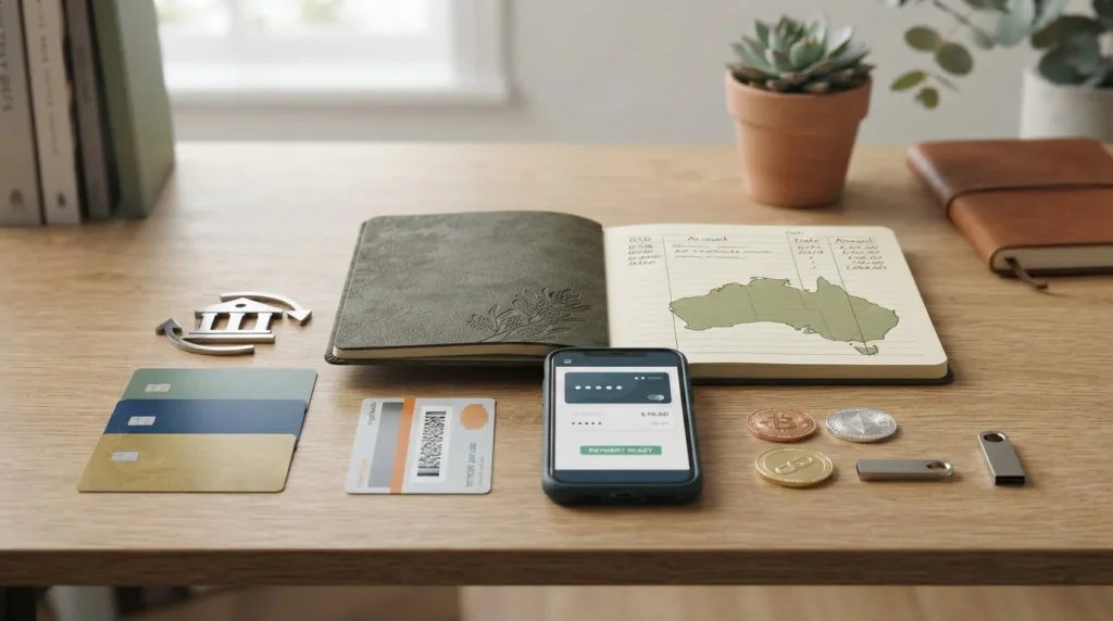 Payment choices shown with bank cards, bank transfer, prepaid wallet and cryptocurrency symbols