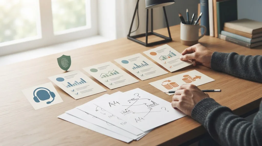 Review cards being compared alongside payment, verification and support notes