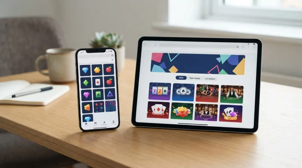 Smartphone and tablet displaying a casino website in a mobile browser